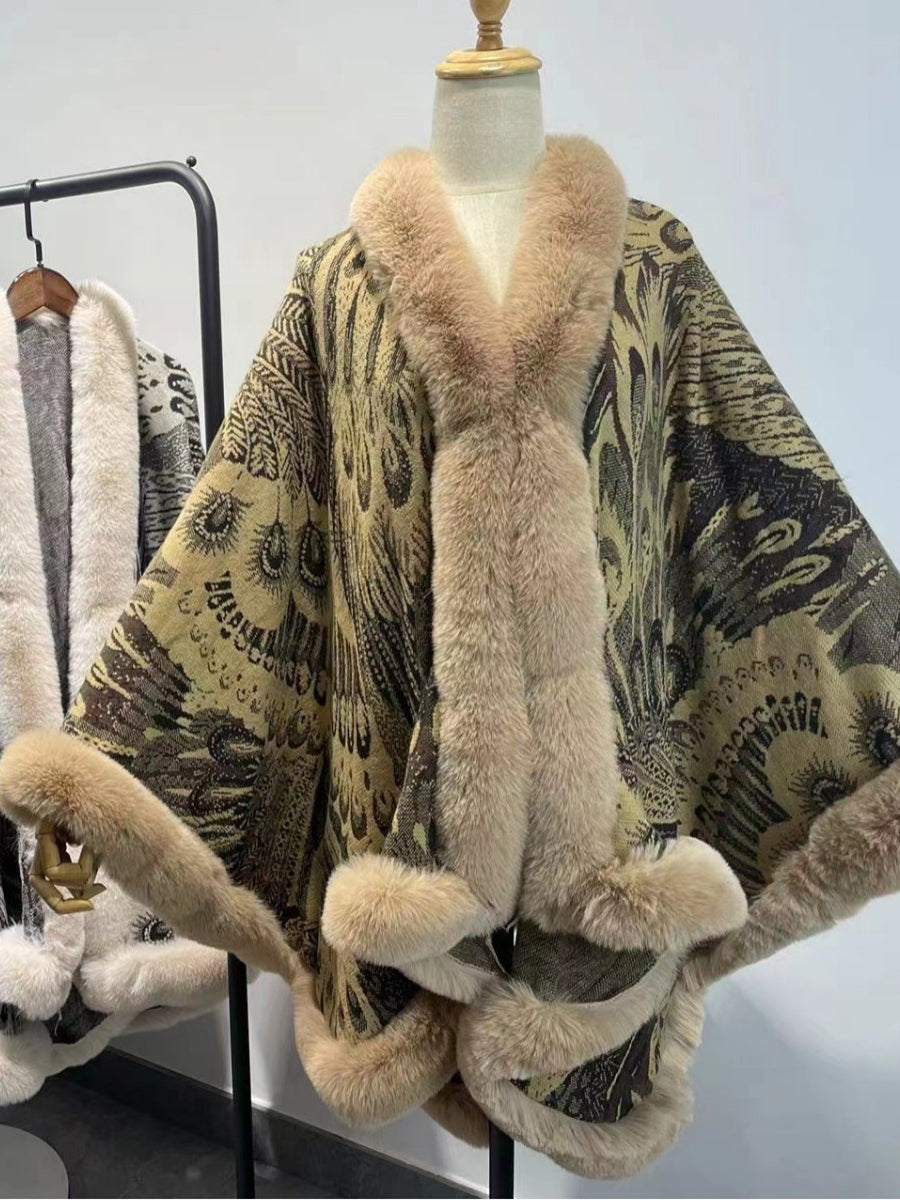 Graphic Elegant Faux Fur Trim Cape Shawl MSF038