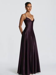 Spaghetti V Neck Satin Flowy Maxi Dress