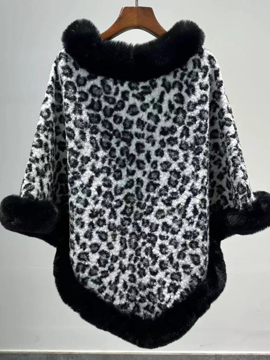 Leopard Print Faux Fur Trim Knitted Poncho Shawl MSF037