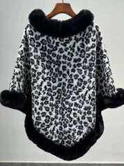 Leopard Print Faux Fur Trim Knitted Poncho Shawl MSF037