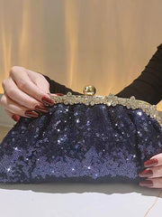 Navy Sequin Rhinestone Trim Ruched Clutch MNBF125