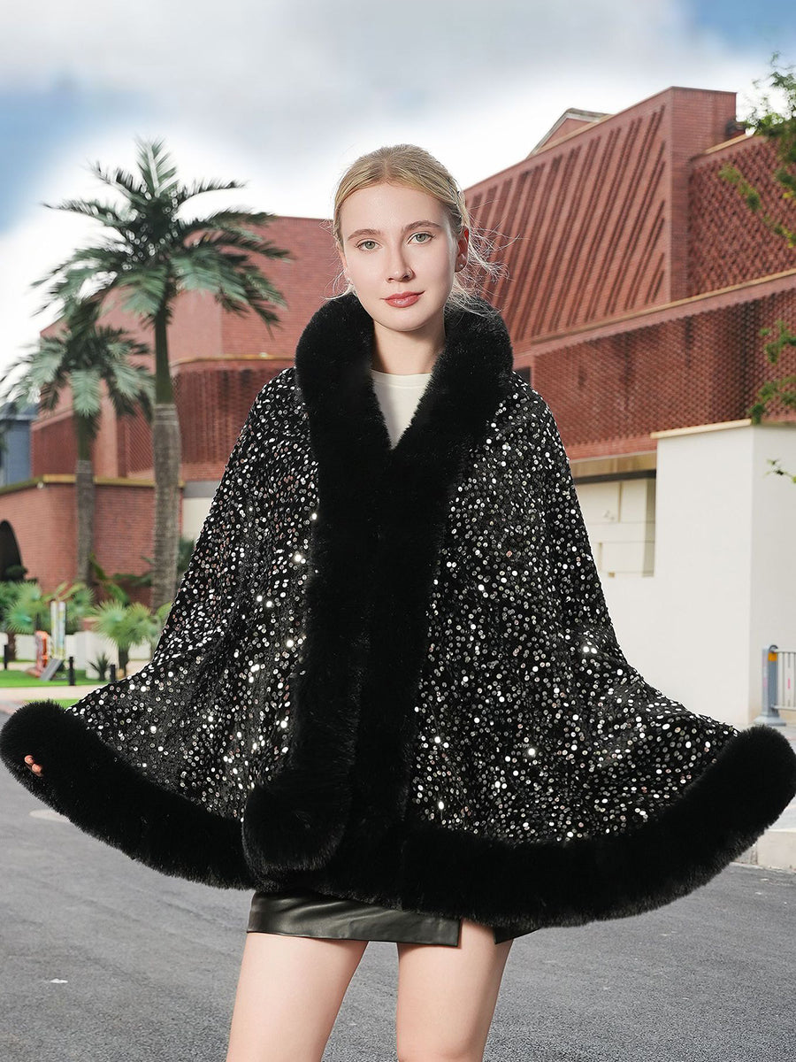 Sequin Solid Elegant Faux Fur Trim Cape Shawl MSF039