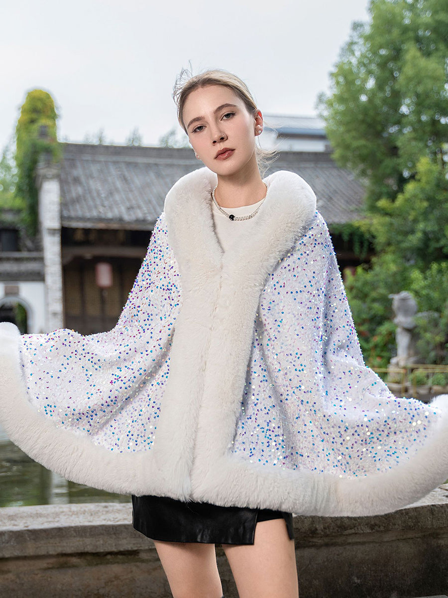 Sequin Solid Elegant Faux Fur Trim Cape Shawl MSF039