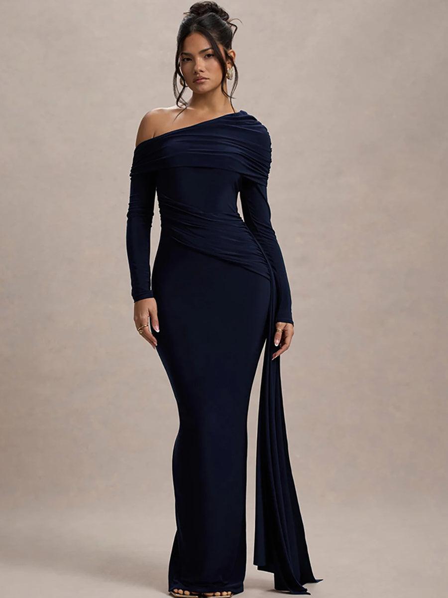 Slash Neck Ribbon Ruched Solid Prom Dress MYC2024