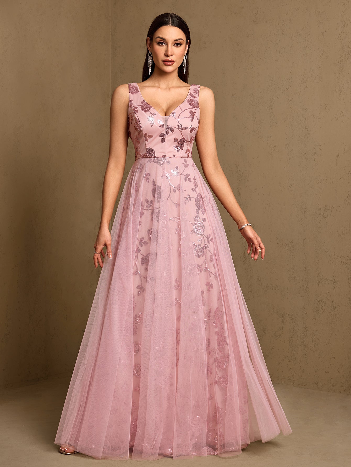 Pink Sequin Floral A-line Formal Dress XF251365
