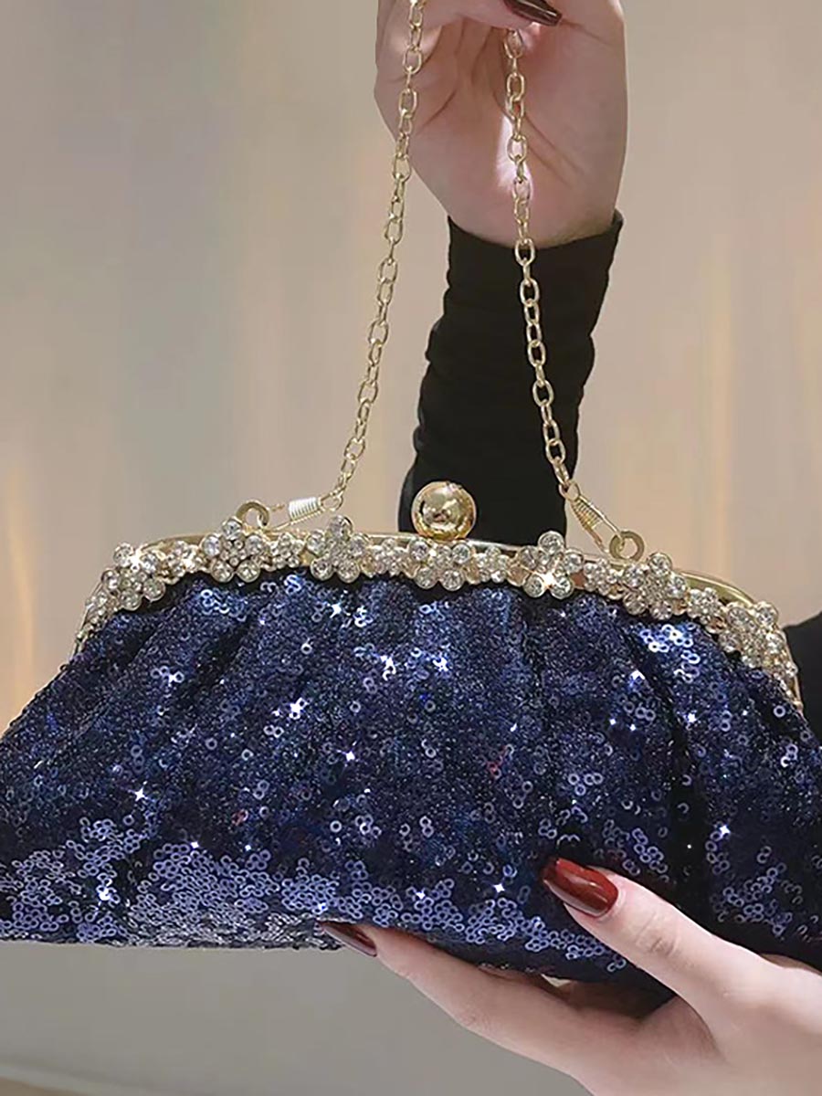 Navy Sequin Rhinestone Trim Ruched Clutch MNBF125