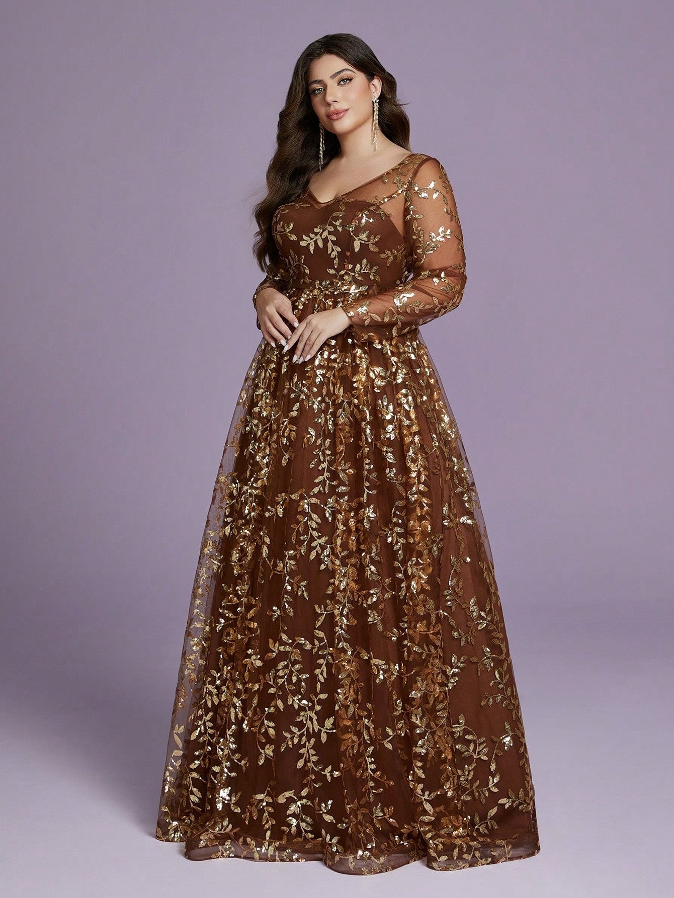 Plus Size Brown Leaf Sequin Long Sleeve Maxi Dress XF251304