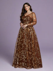 Plus Size Brown Leaf Sequin Long Sleeve Maxi Dress XF251304