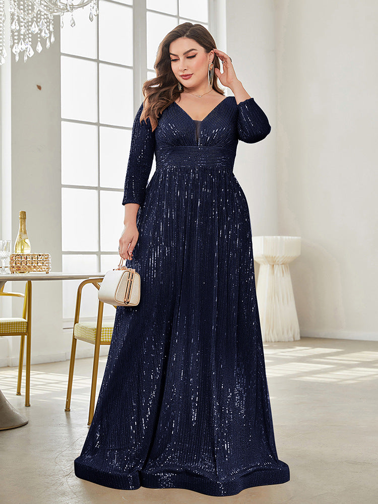 Long Sleeve V-neck Sequin Wedding Guest Dress MYC2040