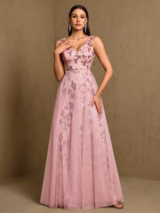 Pink Sequin Floral A-line Formal Dress XF251365