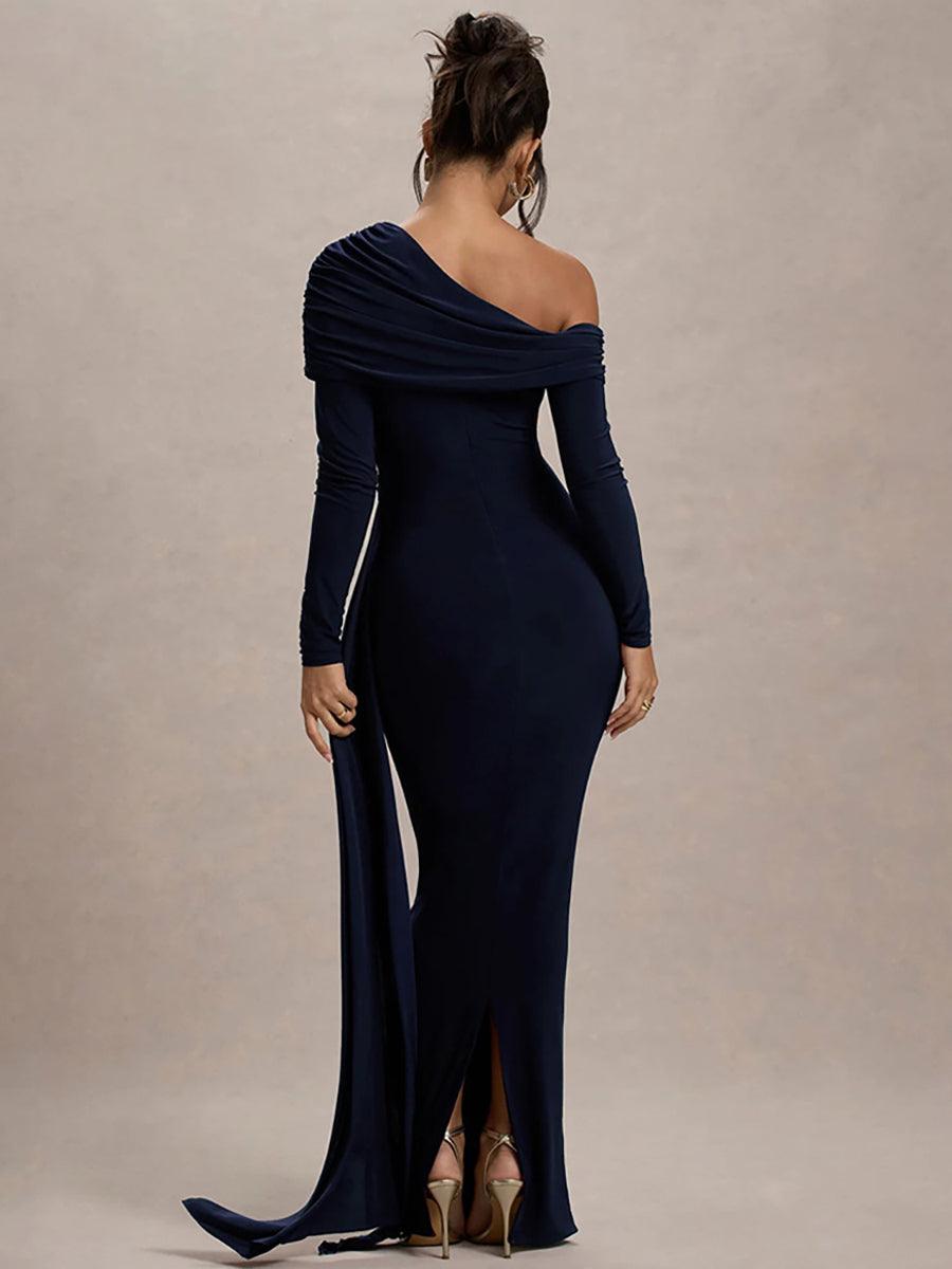 Slash Neck Ribbon Ruched Solid Prom Dress MYC2024