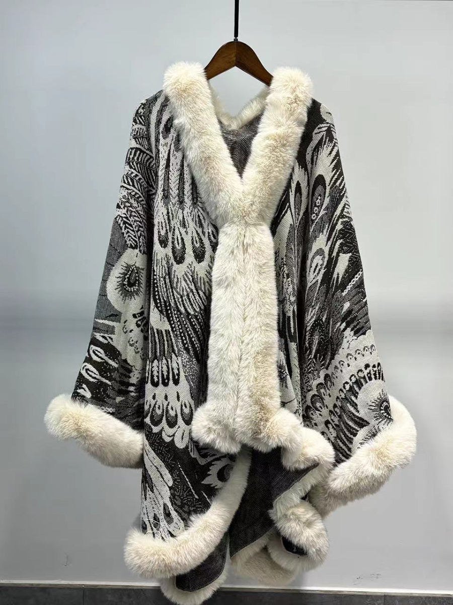Graphic Elegant Faux Fur Trim Cape Shawl MSF038