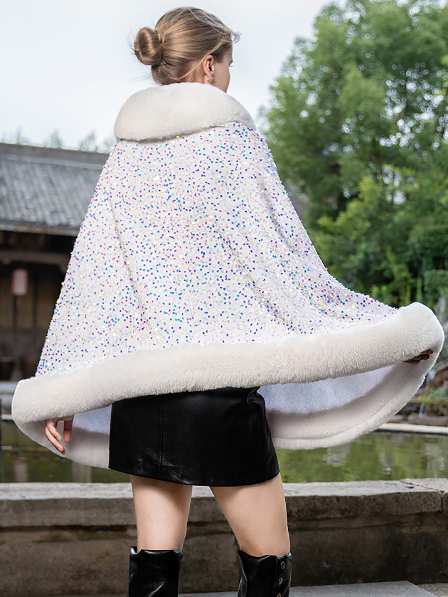 Sequin Solid Elegant Faux Fur Trim Cape Shawl MSF039