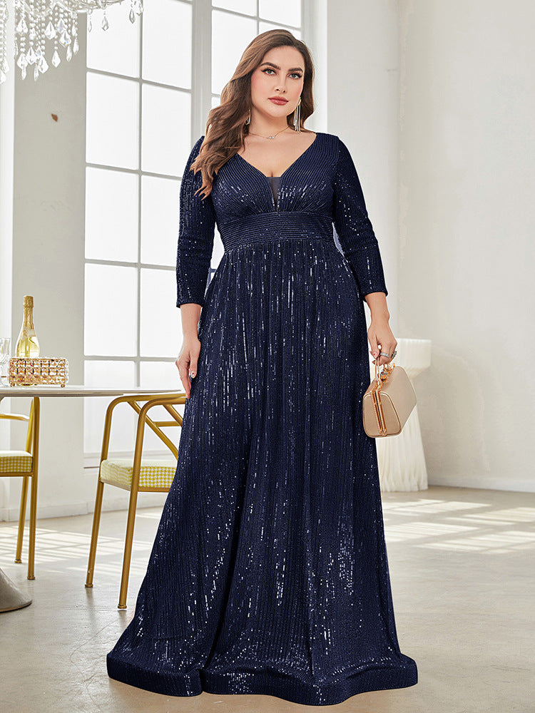 Long Sleeve V-neck Sequin Wedding Guest Dress MYC2040
