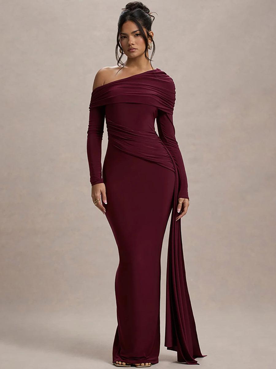 Slash Neck Ribbon Ruched Solid Prom Dress MYC2024