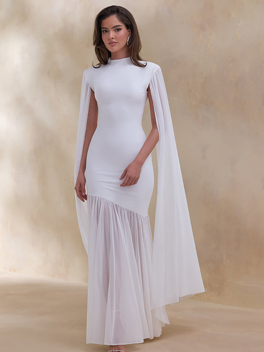 High Neck Cape Sleeve Asymmetric Pleated Maxi Dress XF251354