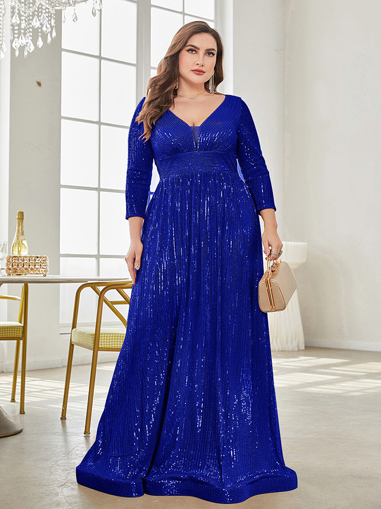 Long Sleeve V-neck Sequin Wedding Guest Dress MYC2040