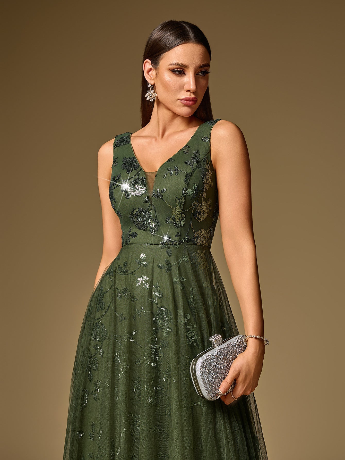 Pink Sequin Floral A-line Formal Dress XF251365