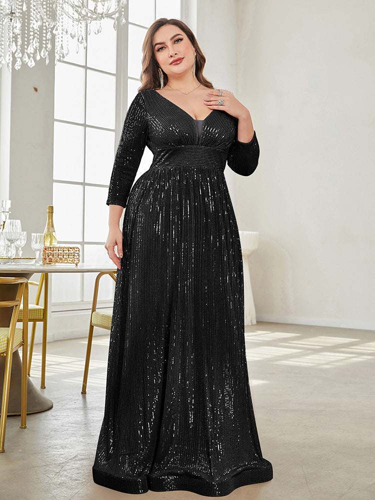 Long Sleeve V-neck Sequin Wedding Guest Dress MYC2040