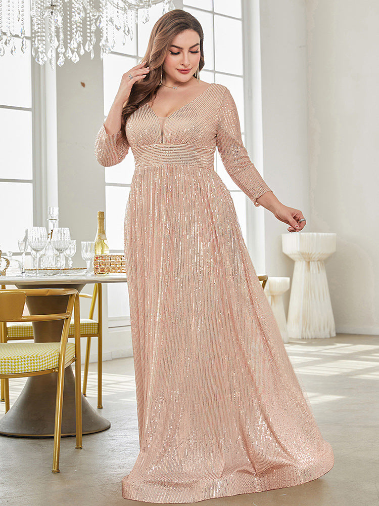 Long Sleeve V-neck Sequin Wedding Guest Dress MYC2040