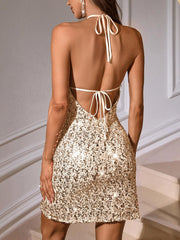 Gold Halter Sequin A-line Mini Party Dress MYC1050