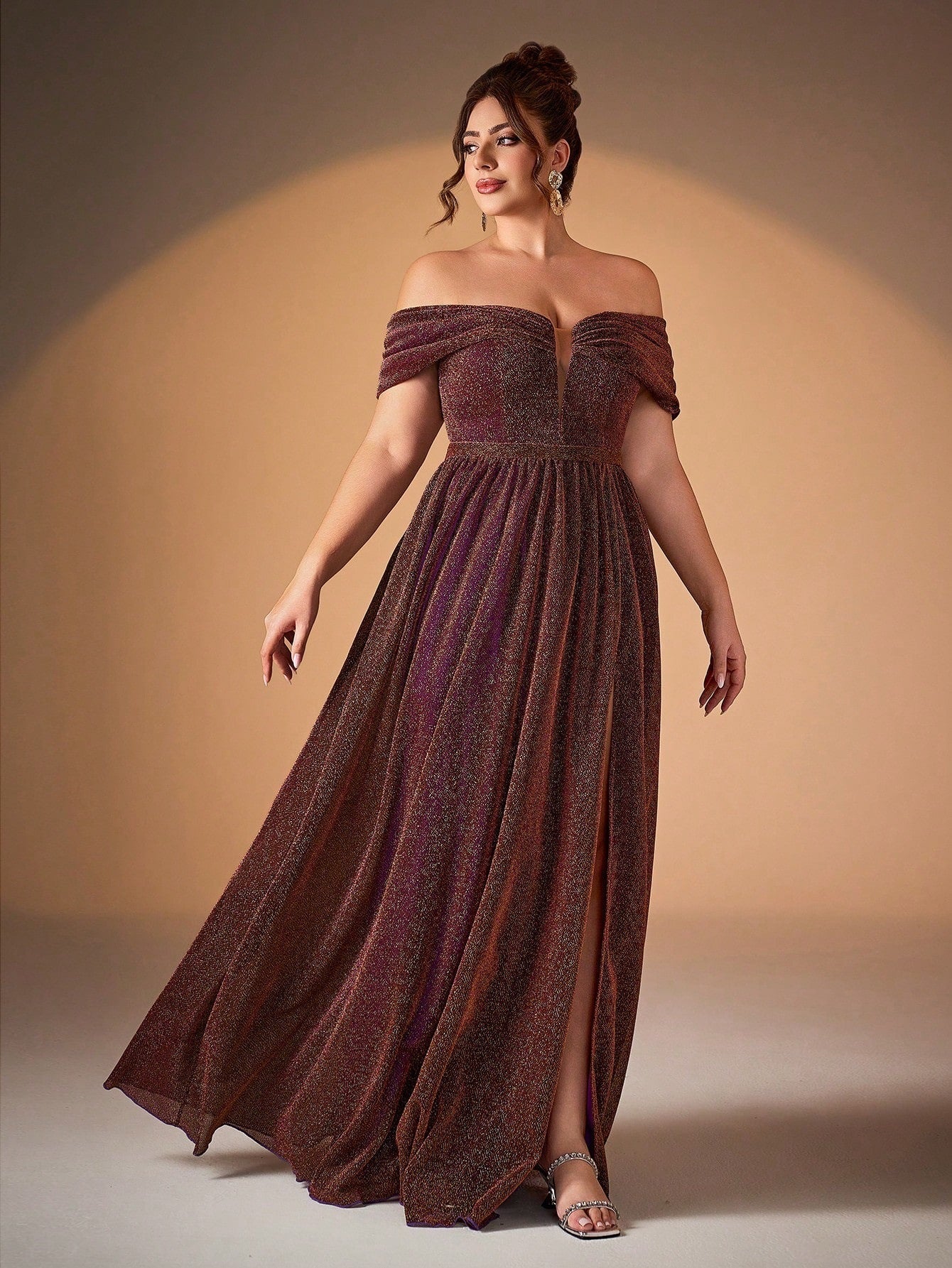 Plus Glitter Off-Shoulder A-Line Slit Evening Dress XF251301