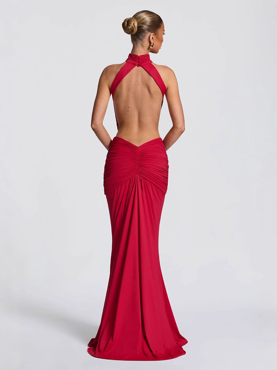 Halter Backless Cutout Ruched Mermaid Evening Dress XF251340