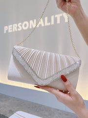 Beige Pleated Satin Rhinestone Clutch MNBF124