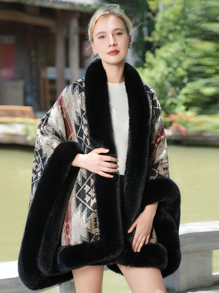 Geometric Faux Fur Trim Cape Shawl MSF034