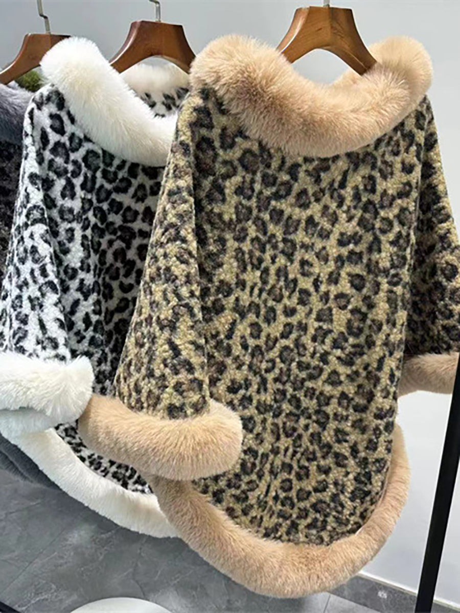 Leopard Print Faux Fur Trim Knitted Poncho Shawl MSF037