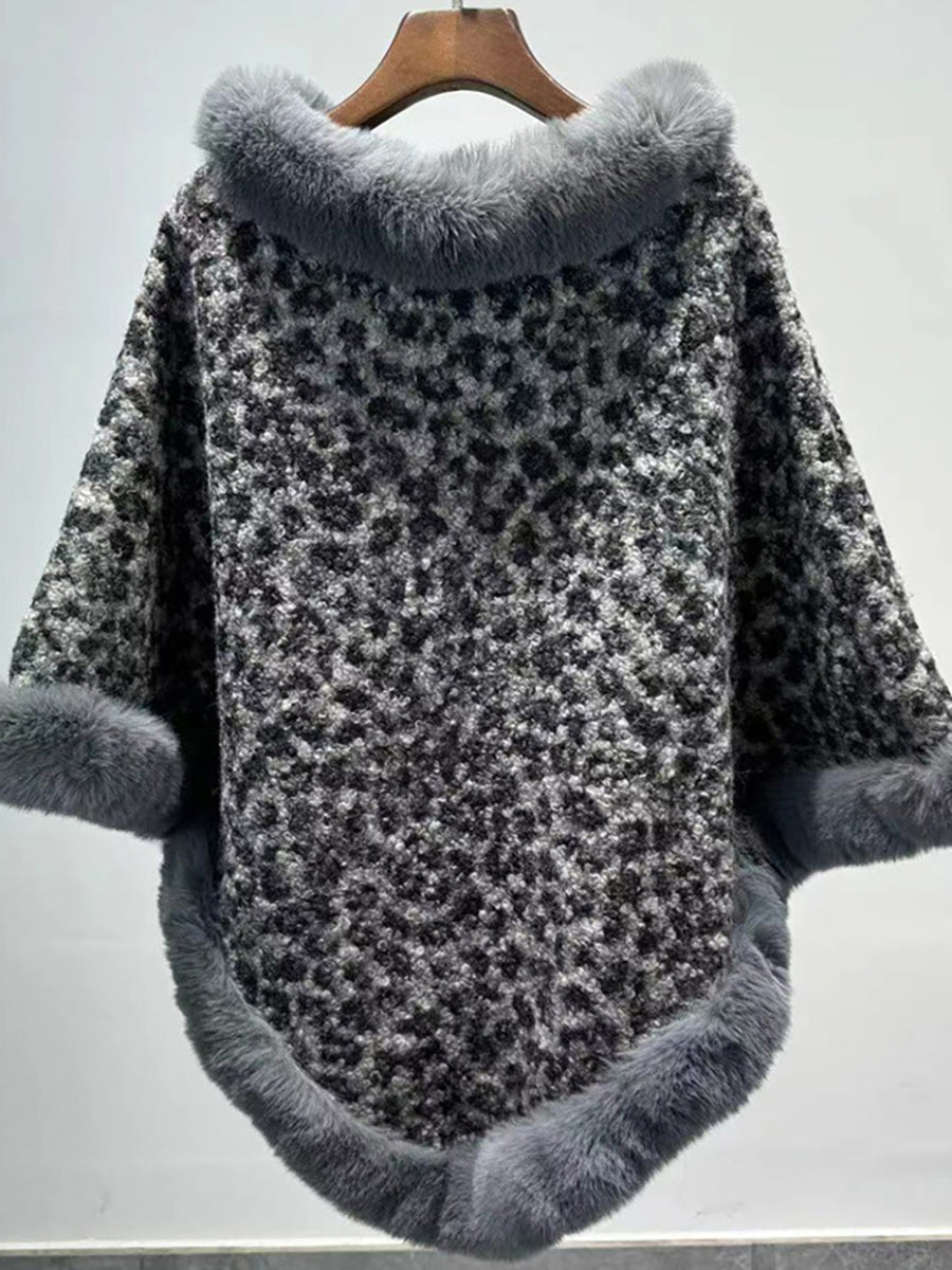 Leopard Print Faux Fur Trim Knitted Poncho Shawl MSF037