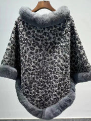 Leopard Print Faux Fur Trim Knitted Poncho Shawl MSF037