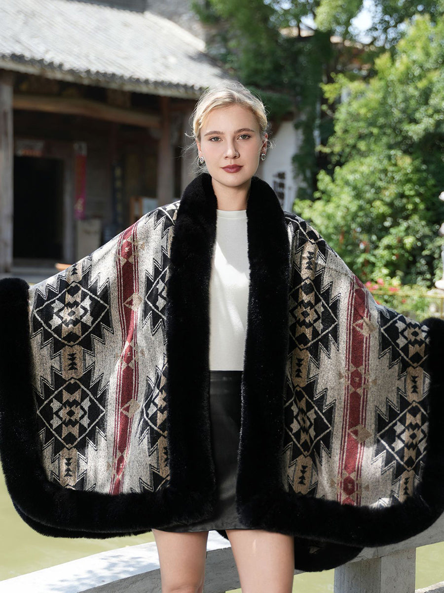 Geometric Faux Fur Trim Cape Shawl MSF034