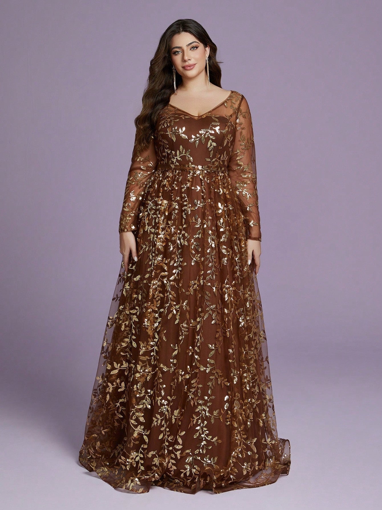 Plus Size Brown Leaf Sequin Long Sleeve Maxi Dress XF251304