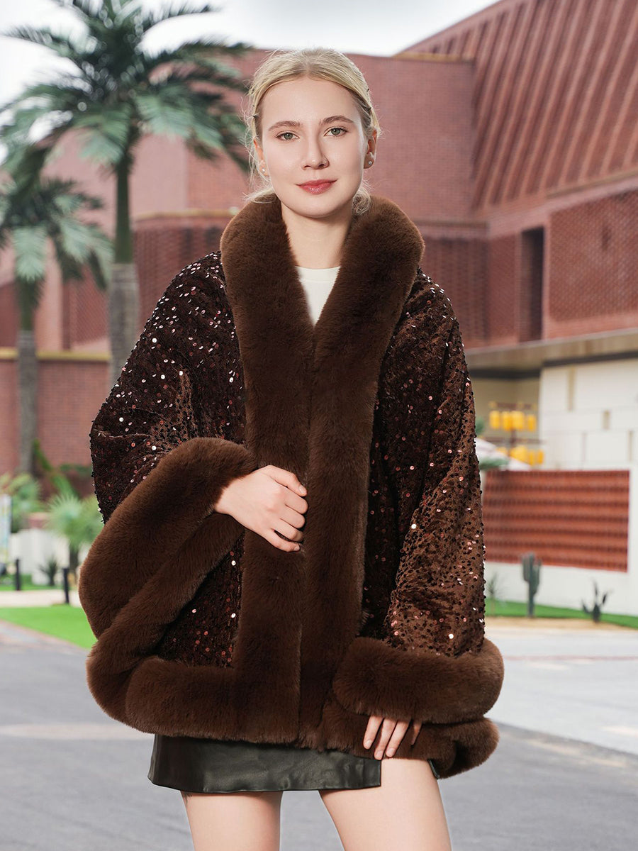 Sequin Solid Elegant Faux Fur Trim Cape Shawl MSF039