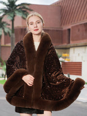 Sequin Solid Elegant Faux Fur Trim Cape Shawl MSF039