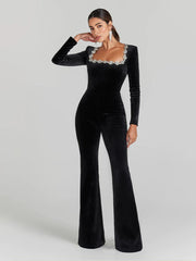 Rhinestone Square Neck Velvet Jumpsuits MYC1033