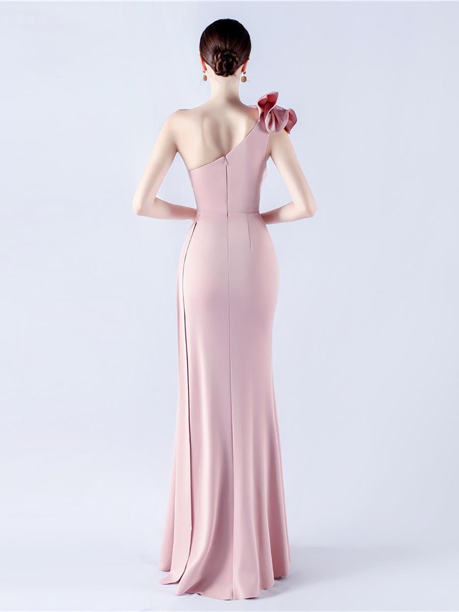 One Shoulder Flower Pleated Draped Prom Dress MYN1002
