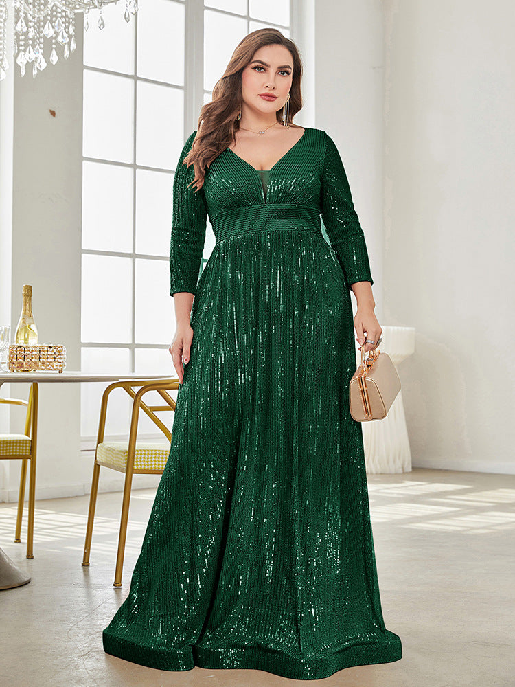 Long Sleeve V-neck Sequin Wedding Guest Dress MYC2040
