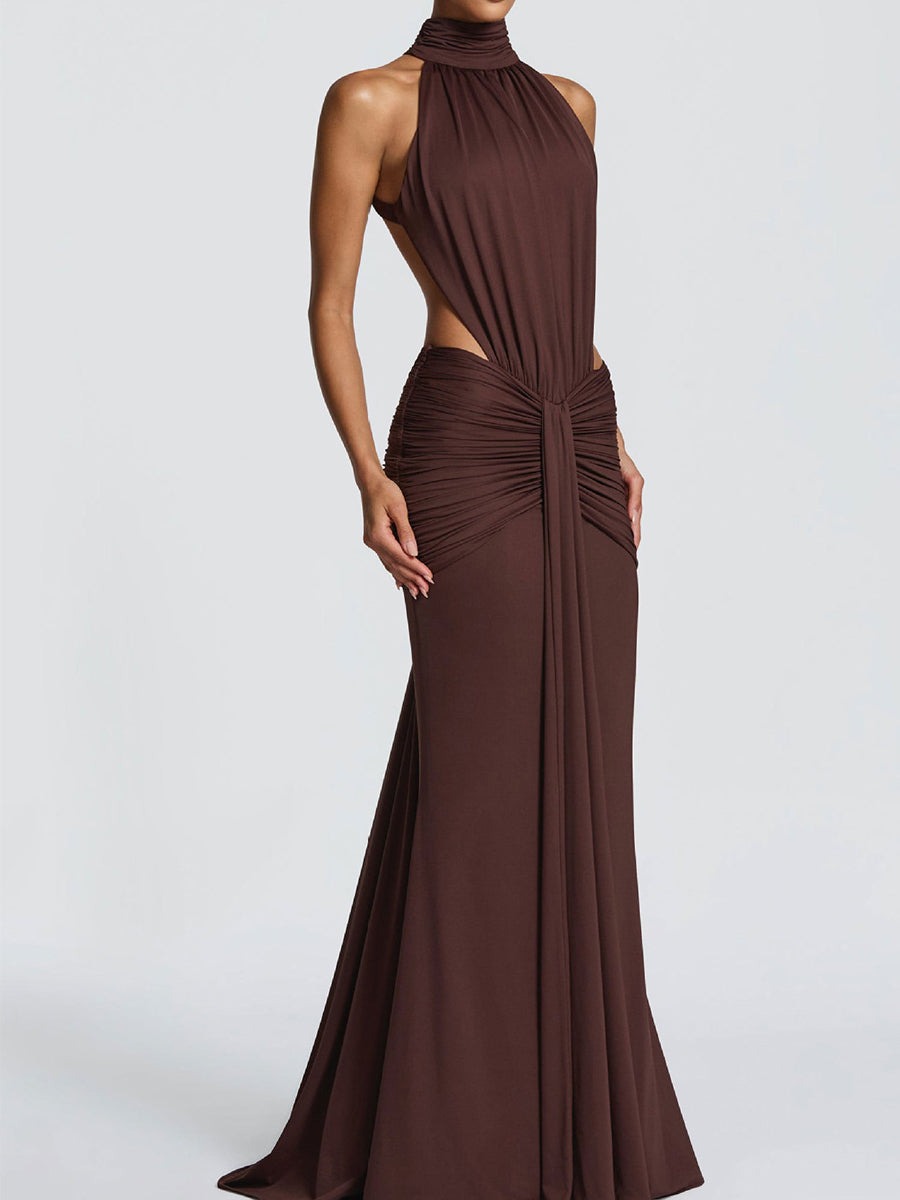 Halter Backless Cutout Ruched Mermaid Evening Dress XF251340