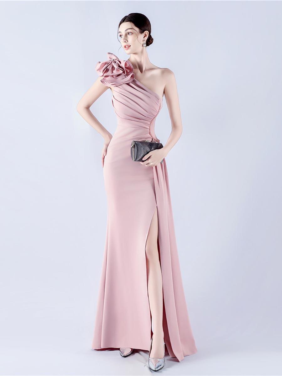 One Shoulder Flower Pleated Draped Prom Dress MYN1002