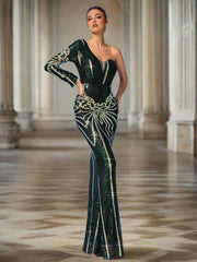 Green One Shoulder Sequin Mermaid Prom Dress MYC1042