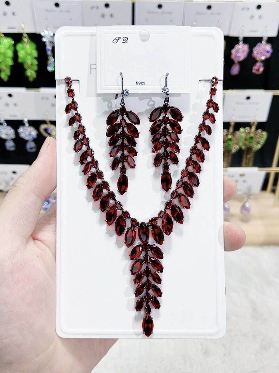 Garnet Red Crystal Leaf Cluster Necklace Set MRL20007