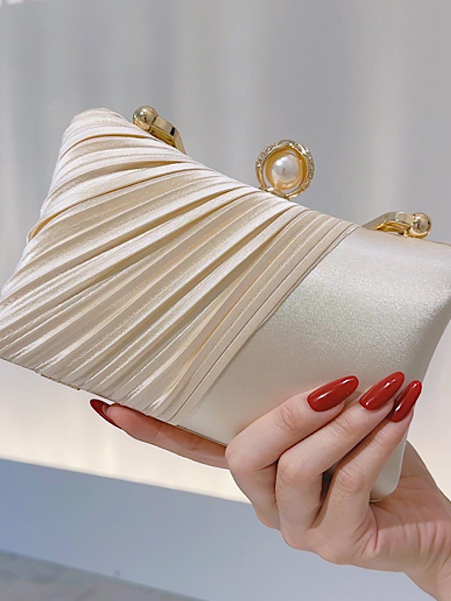 Satin Pleated Handheld Pearl Clutch MNBF123