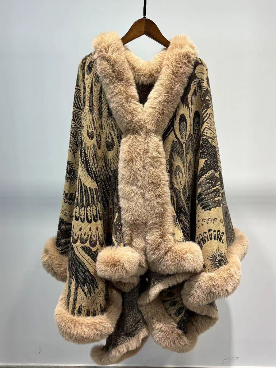 Graphic Elegant Faux Fur Trim Cape Shawl MSF038