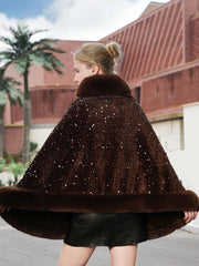 Sequin Solid Elegant Faux Fur Trim Cape Shawl MSF039