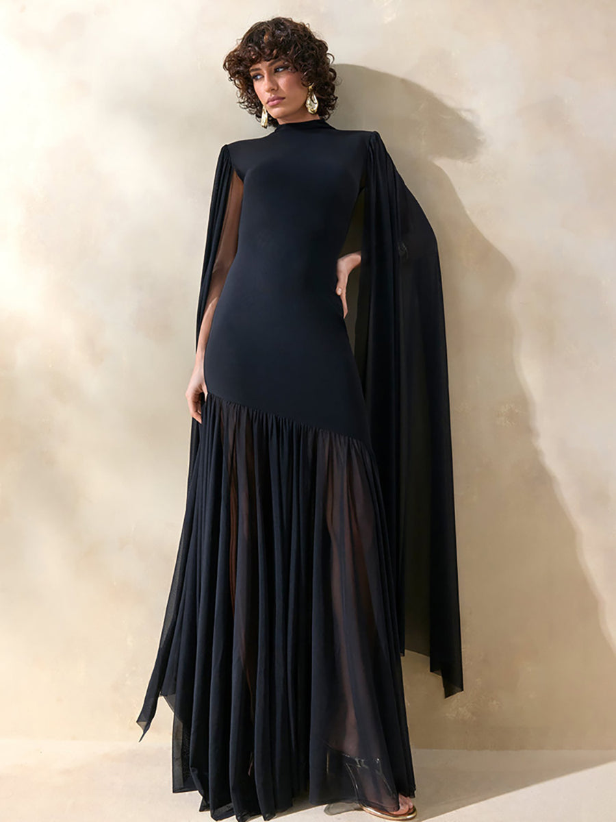 High Neck Cape Sleeve Asymmetric Pleated Maxi Dress XF251354