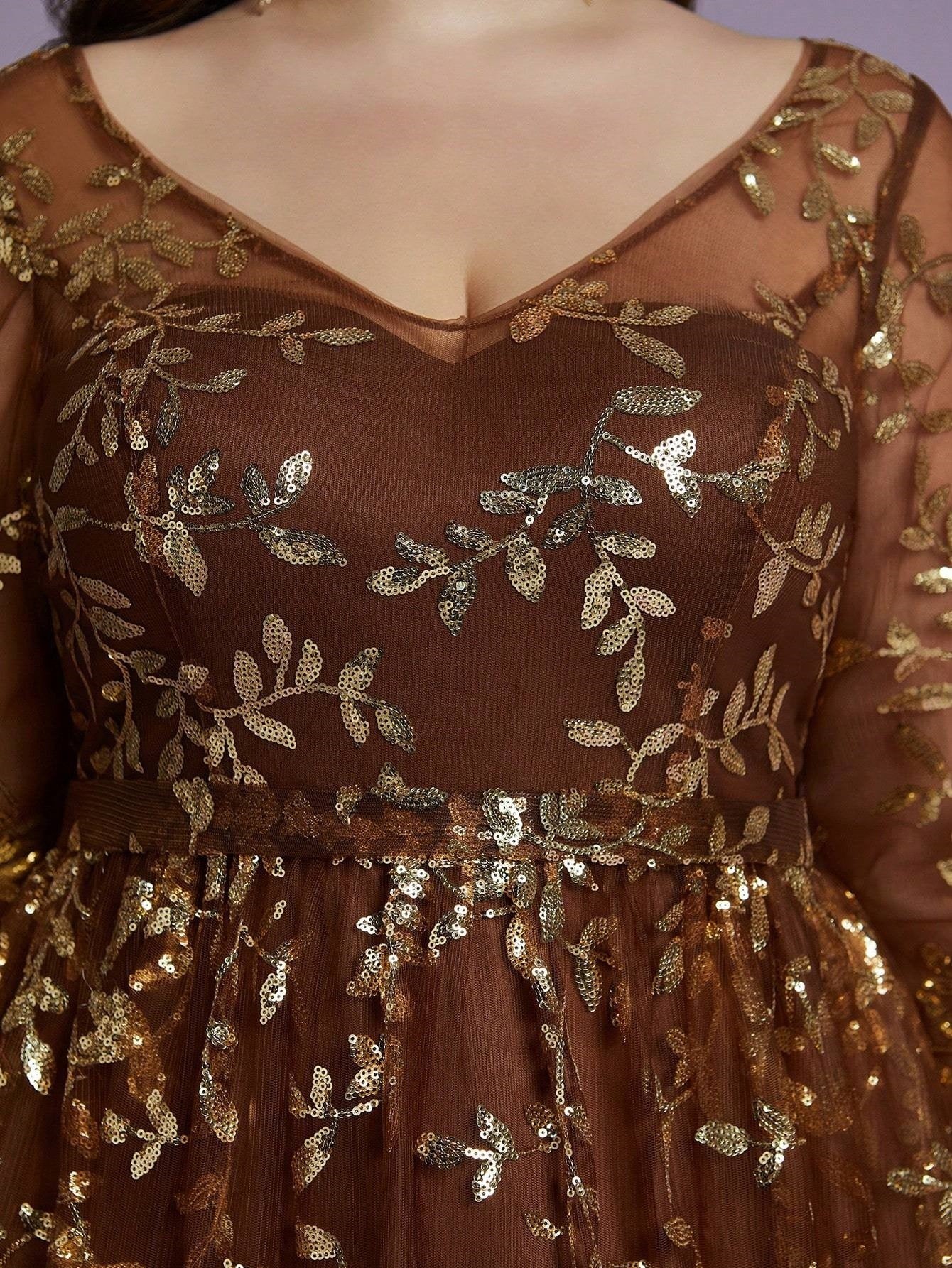 Plus Size Brown Leaf Sequin Long Sleeve Maxi Dress XF251304