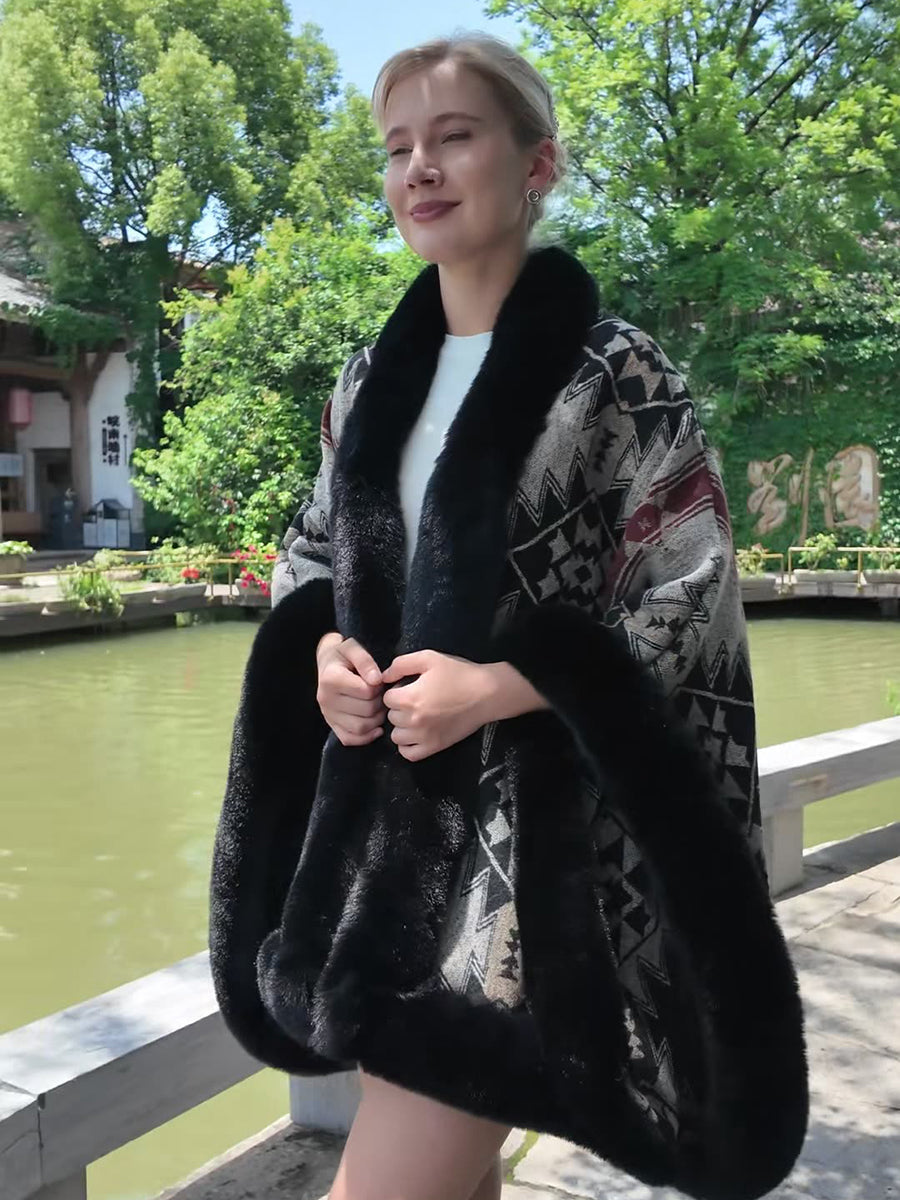 Geometric Faux Fur Trim Cape Shawl MSF034
