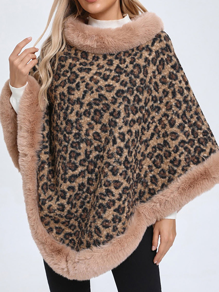Leopard Print Faux Fur Trim Knitted Poncho Shawl MSF037